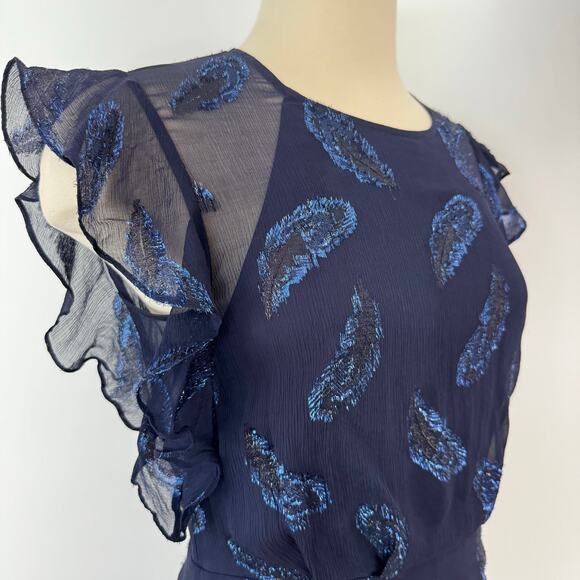 BCBGMaxazria Silk Sheila Flutter Sleeve Dress Metallic Feather Print Navy Blue 6 - Picture 6 of 12